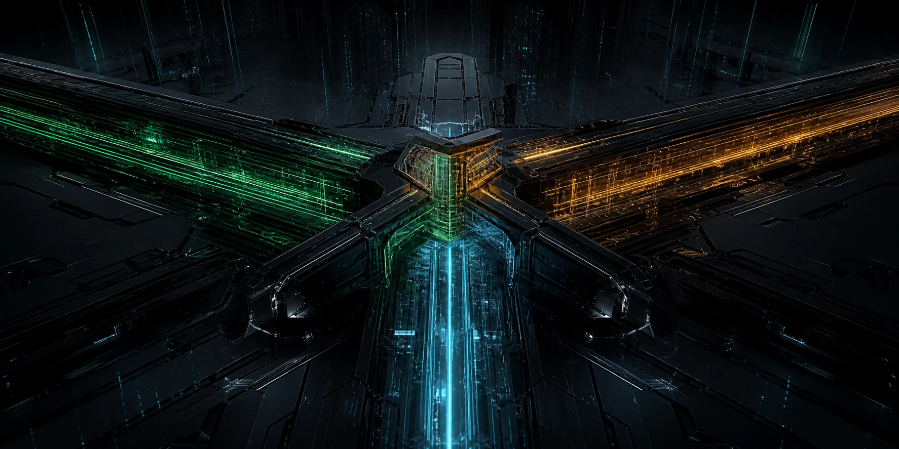 Three luminous signal conduits converge through a black-glass network switchyard.